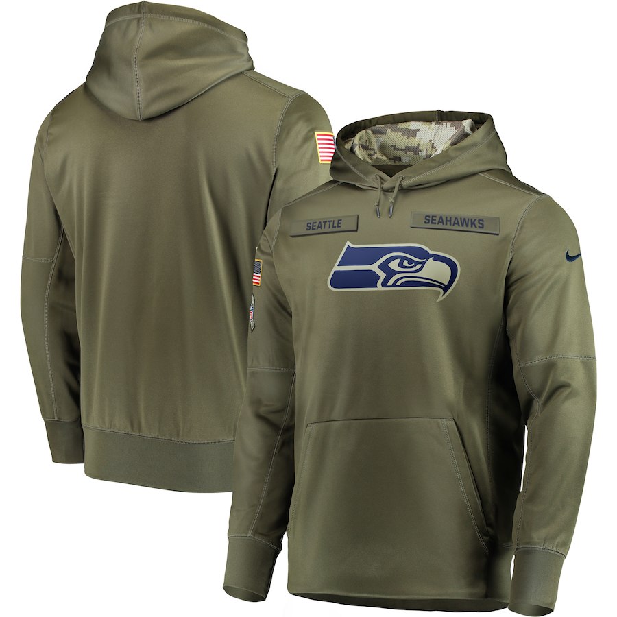 Men's Seattle Seahawks 2018 Olive Salute to Service Sideline Therma Performance Pullover Stitched Hoodie
